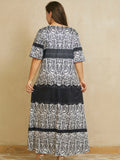 gbolsos  Plus Size Casual Dress, Women's Plus Colorblock Paisley Print Short Sleeve V Neck Medium Stretch Maxi Dress