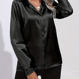 Elegant Satin Blouse, Collar Long Sleeve Work Blouse, Women's Clothing