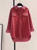 Solid Button Front Corduroy Shirt, Versatile Long Sleeve Loose Shirt For Spring & Fall, Women's Clothing