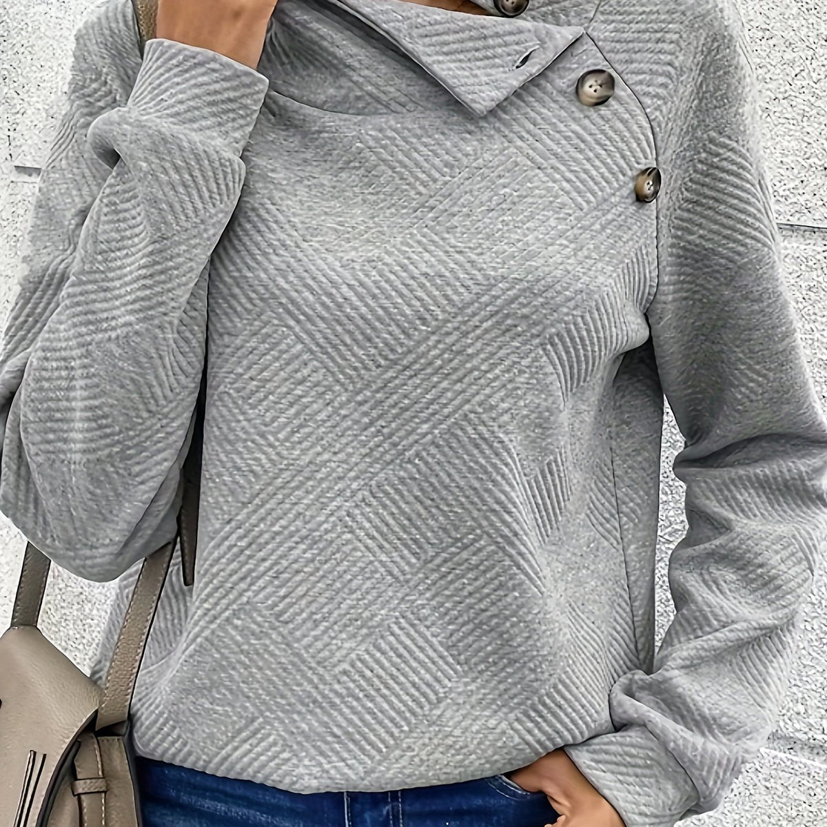 Button Decor Pullover Sweatshirt, Casual Long Sleeve Mock Neck Sweatshirt For Fall & Winter, Women's Clothing