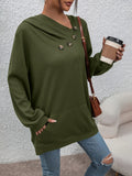 Skew Neck Button Decor Hoodie, Casual Solid Color Long Sleeve Hoodie Sweatshirt, Women's Clothing