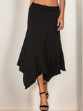 Plus Size Elegant Skirt, Women's Plus Solid High Rise Medium Stretch Asymmetric Hem Skirt