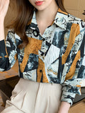 Stylish Graphic Print Blouse, Long Sleeve Button Down Blouse, Casual Every Day Tops, Women's Clothing