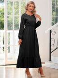 Elegant Crew Neck Draped Extra-long Dress, Casual Long Sleeve Solid Elastic Waist Ruffle Hem Party Long Dresses, Women's Clothing