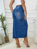 Asymmetric Split High Rise Denim Skirt, Washed Blue Medium Stretch Elegant Midi Denim Skirt, Women's Denim Jeans & Clothing