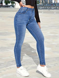 gbolsos  Blue Slim Fit Skinny Jeans, High Stretch Slant Pockets Casual Tight Jeans, Women's Denim Jeans & Clothing