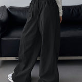 gbolsos  Drawstring Wide Leg Pants, Casual Solid Pocket Loose Pants, Women's Clothing