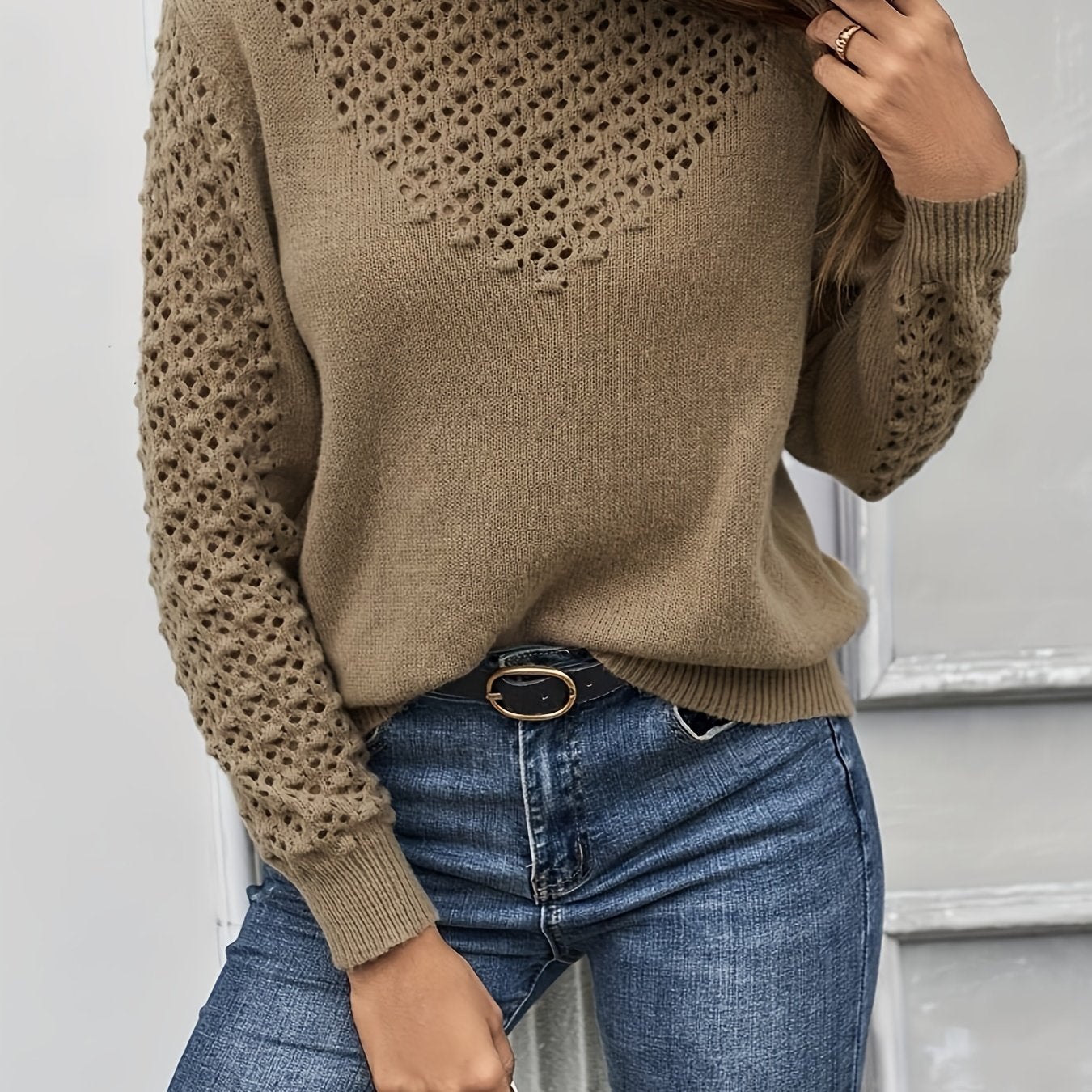 gbolsos  Eyelet Solid Knit Sweater, Casual Crew Neck Long Sleeve Sweater, Women's Clothing
