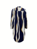 gbolsos  Abstract Stripe Print Dress, Casual V Neck Rollable Sleeve Dress, Women's Clothing