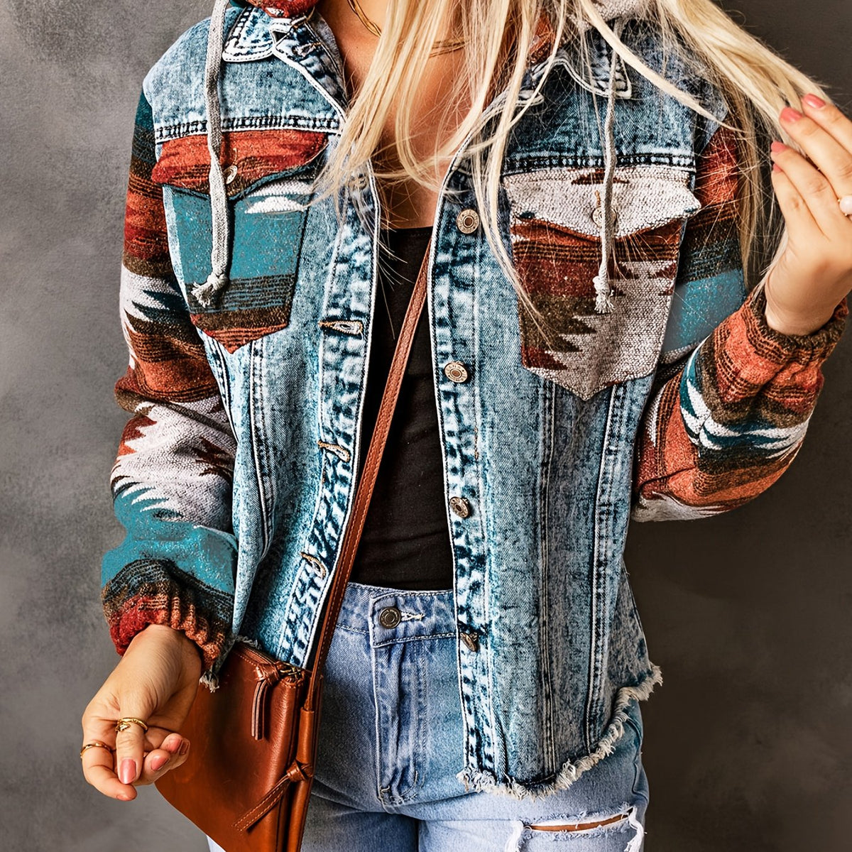 gbolsos  Colorblock Long Sleeves Denim Jackets, Patchwork Drawstring Boho Style Hooded Denim Coats, Women's Denim Clothing