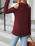 Solid Cold Shoulder T-Shirt, Casual Crew Neck Long Sleeve Top For Spring & Fall, Women's Clothing