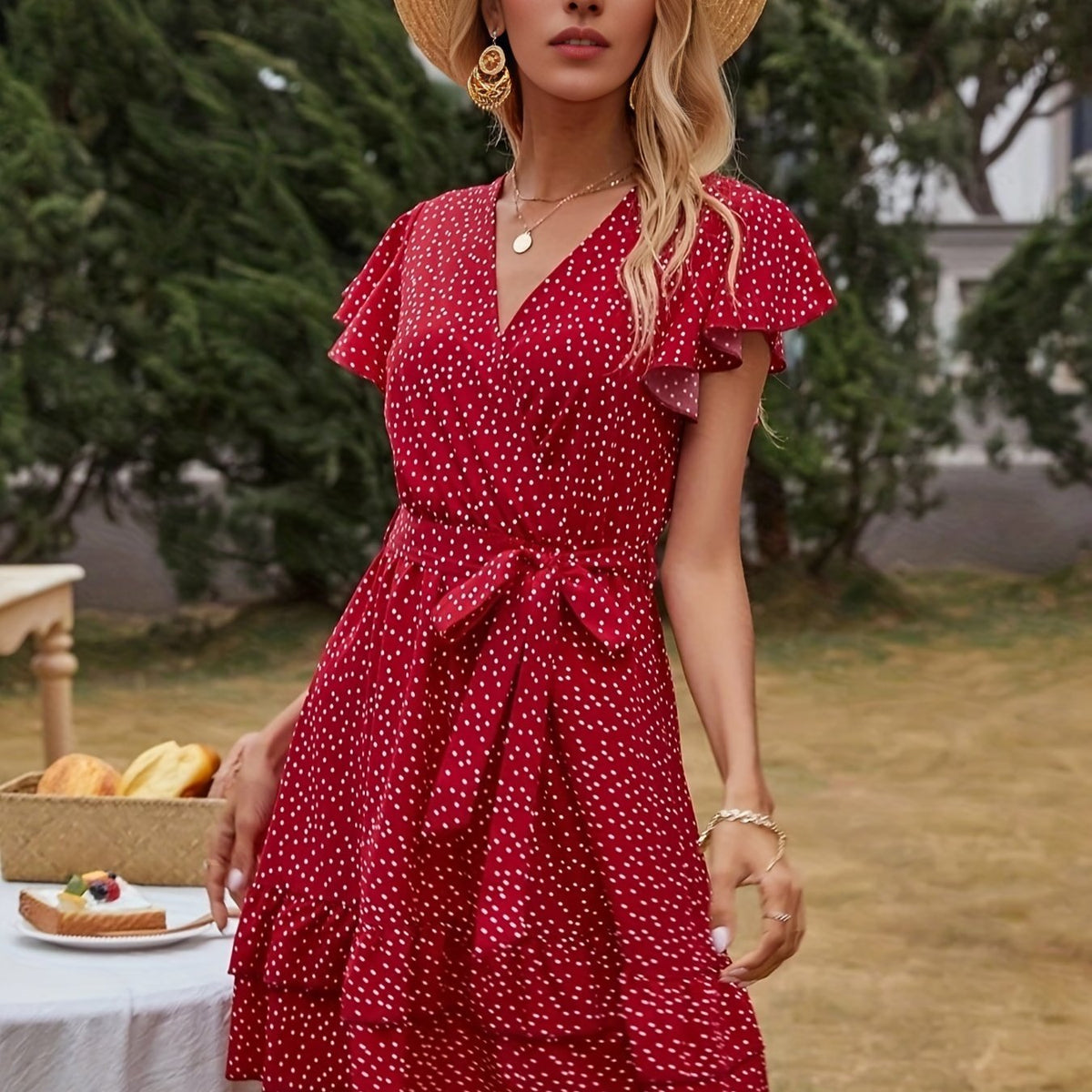 Polka Dot Flutter Sleeve Dress, Casual Layered Hem Dress For Spring & Summer, Women's Clothing