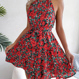 Floral Print Belted Beach Dress, Sleeveless Casual Vacation Dress For Summer & Spring, Women's Clothing