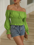 Lettuce Trim Off Shoulder Blouse, Sexy Solid Puff Sleeve Shirred Blouse, Women's Clothing