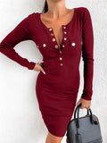 Button Front Solid Dress, Casual Crew Neck Long Sleeve Dress, Women's Clothing