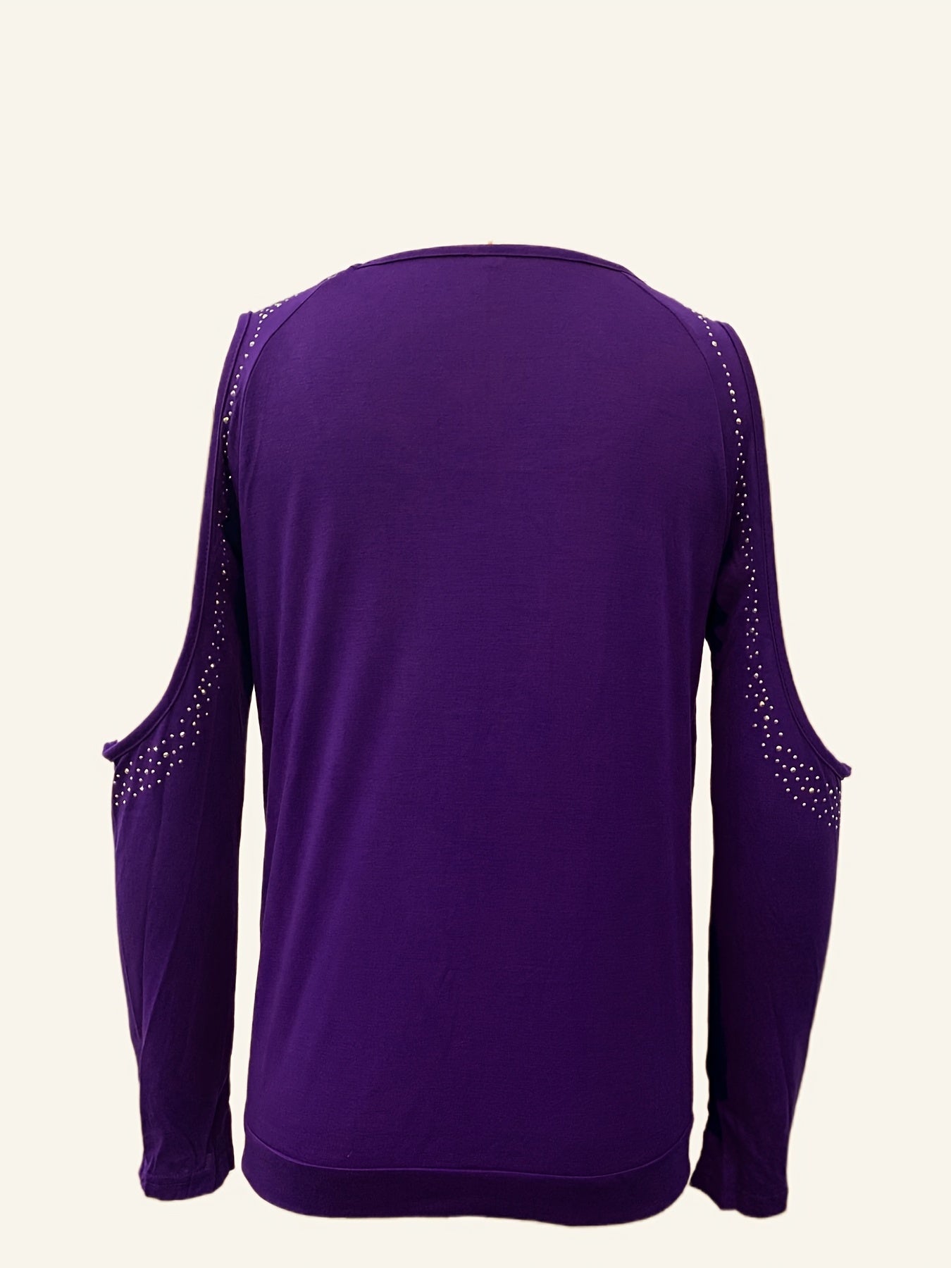 gbolsos  Cold Shoulder Rhinestone Decor T-shirt, Sexy Crew Neck Long Sleeve T-Shirt, Women's Clothing