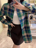 Plaid Print Button Front Shirt, Thigh Length Long Sleeve Shirt For Spring & Fall, Women's Clothing