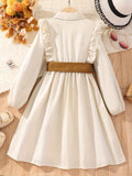 Girl's Casual Dress Button Collar Belted Pleated A Line Midi Dress Long Sleeve Ruffle Trim Shirt Dresses