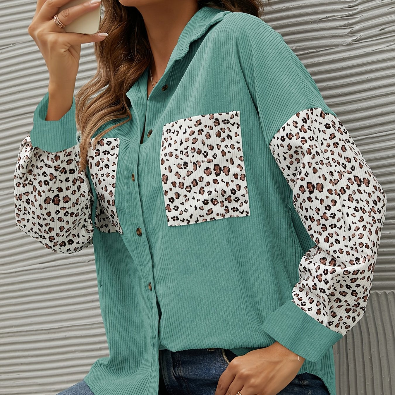gbolsos  Corduroy Leopard Print Stitching Coat, Casual Lapel Long Sleeve Button Down Fashion Loose Outerwear, Women's Clothing