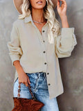 Solid Drop Shoulder Shirt, Casual Button Front Long Sleeve Shirt, Women's Clothing