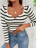 Striped Print Notched Neck Knit Sweater, Casual Slim Long Sleeve Sweater, Women's Clothing