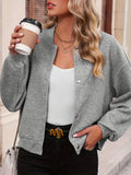 Solid Button Front Bomber Jacket, Casual Long Sleeve Outwear For Spring & Fall, Women's Clothing