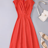 gbolsos  Polka Dot Keyhole Dress, Casual Crew Neck Cap Sleeve Slim Waist Dress, Women's Clothing