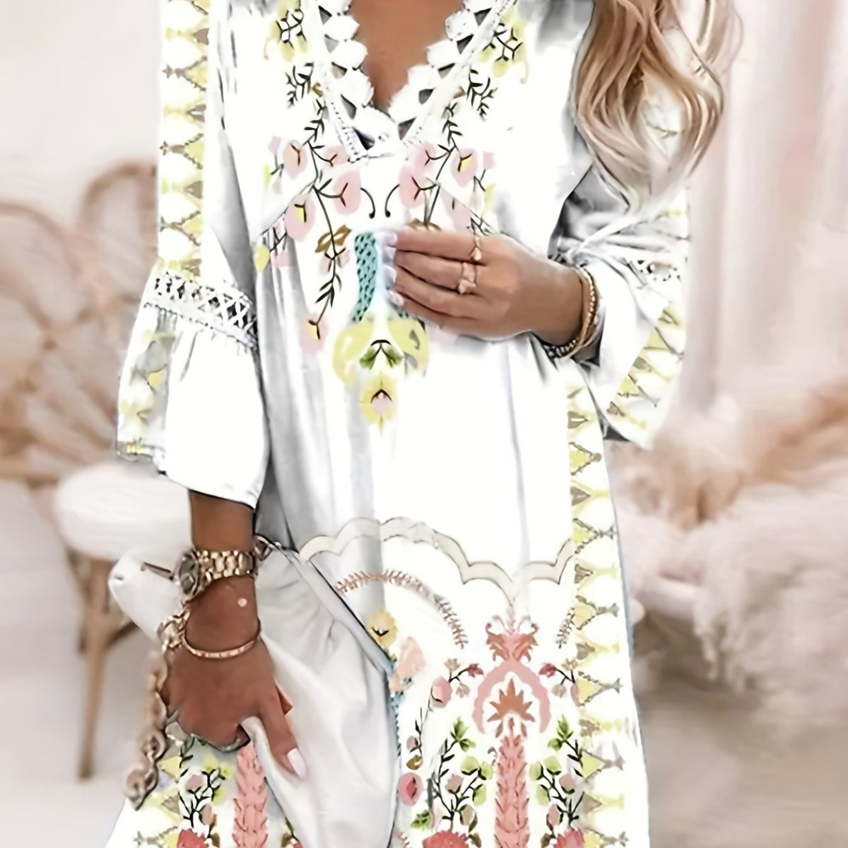 Floral Print Lace Trim Dress, Vacation 3/4 Sleeve Summer V Neck Midi Dress, Women's Clothing