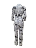 gbolsos  Newspaper Print Tie Front Jumpsuit, Casual Button Down One Piece Jumpsuit For All-seasons, Women's Clothing