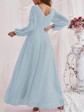 gbolsos  Solid Contrast Lace Dress, Elegant V Neck Long Sleeve Maxi Dress, Women's Clothing