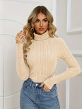 Ribbed Turtleneck T-Shirt, Casual Long Sleeve Top For Fall & Winter, Women's Clothing