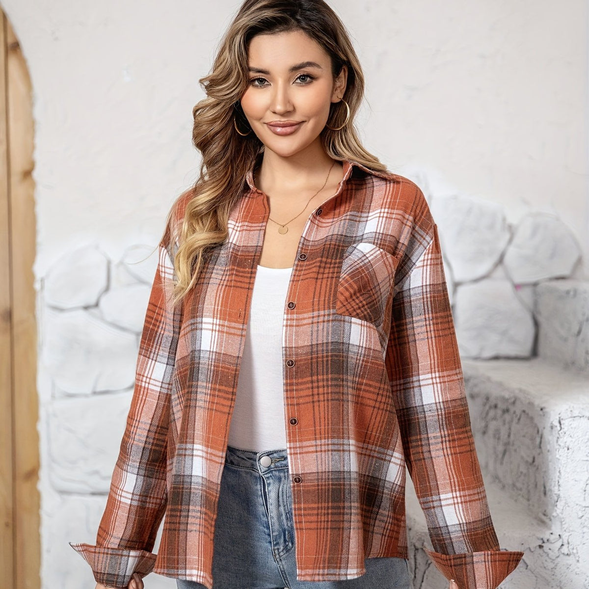 Plaid Print Patched Pocket Shirt, Vintage Long Sleeve Drop Shoulder Shirt For Spring & Fall, Women's Clothing