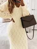 gbolsos   Plus Size Casual Sweater Dress, Women's Plus Solid Eyelet Embroidered Long Sleeve V Neck Midi Sweater Dress