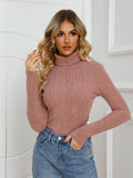 Ribbed Turtleneck T-Shirt, Casual Long Sleeve Top For Fall & Winter, Women's Clothing