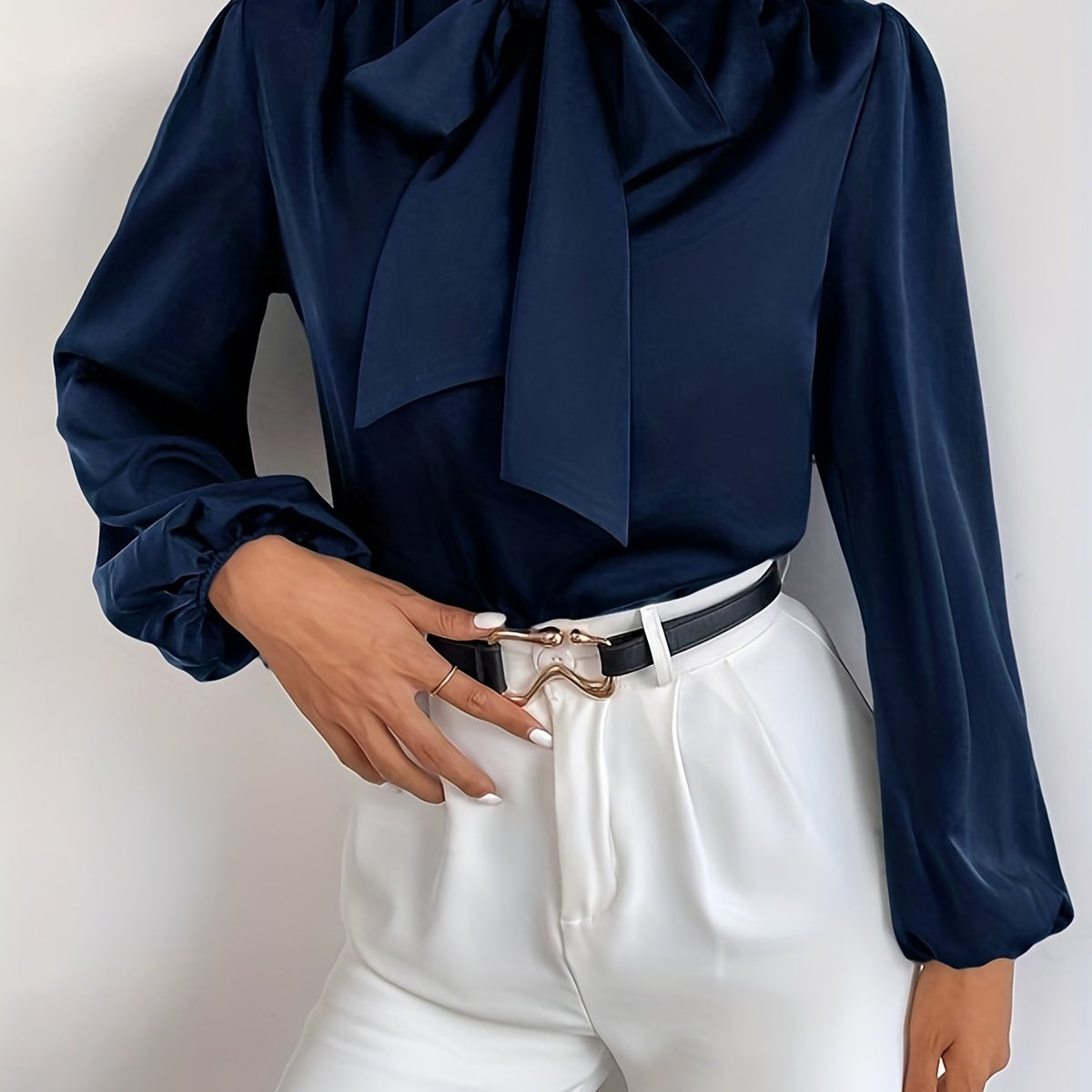 Solid Tie Neck Blouse, Elegant Long Lantern Sleeve Blouse For Spring & Fall, Women's Clothing