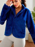 Zip Up Fuzzy Coat, Casual Solid Long Sleeve Winter Warm Outerwear, Women's Clothing