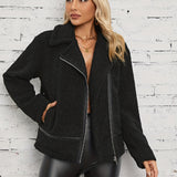 Solid Zipper Lapel Teddy Coat, Versatile Long Sleeve Thermal Coat For Fall & Winter, Women's Clothing