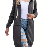 Solid Zip Up Long Length Hoodie, Casual Long Sleeve Drawstring Hoodies Sweatshirt, Women's Clothing