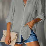 gbolsos  Plus Size Basic Blouse, Women's Plus Plain Long Sleeve Turn Down Collar Button Up Shirt