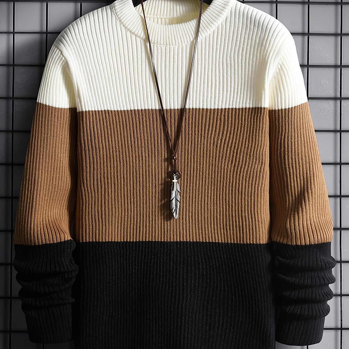 Stylish Men's Color Block Knit Sweater with Comfortable Crew Neck