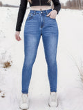 gbolsos  Stretchy Whiskering Skinny Jeans, Medium Blue High Rise Slash Pocket Denim Pants, Women's Denim Jeans & Clothing