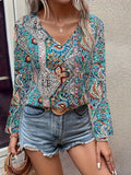 gbolsos  Paisley Print Blouse, Boho V Neck Long Sleeve Blouse, Women's Clothing