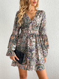 Paisley Print Layered Dress, Boho V Neck Long Sleeve Pleated Dress, Women's Clothing