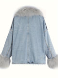 gbolsos  Fluffy Plush Collar & Cuffs Winter Warm Fur Fleece Coat, Extra Large Square Pockets Drawstring Hem Denim Jacket, Women's Denim Jackets