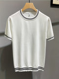Classic Design Round Neck T-Shirt, Men's Casual High Stretch Knitted Short Sleeve T-Shirt For Summer