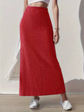 gbolsos  Solid Ribbed Split Skirt, Elegant High Waist Skirt For Spring & Summer, Women's Clothing