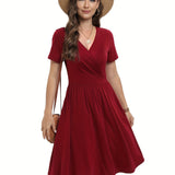 A-line Solid V Neck Dress, Casual Short Sleeve Dress For Spring & Summer, Women's Clothing