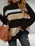 gbolsos  Plus Size Casual Sweater, Women's Plus Colorblock Long Sleeve Turtle Neck Slight Stretch Sweater