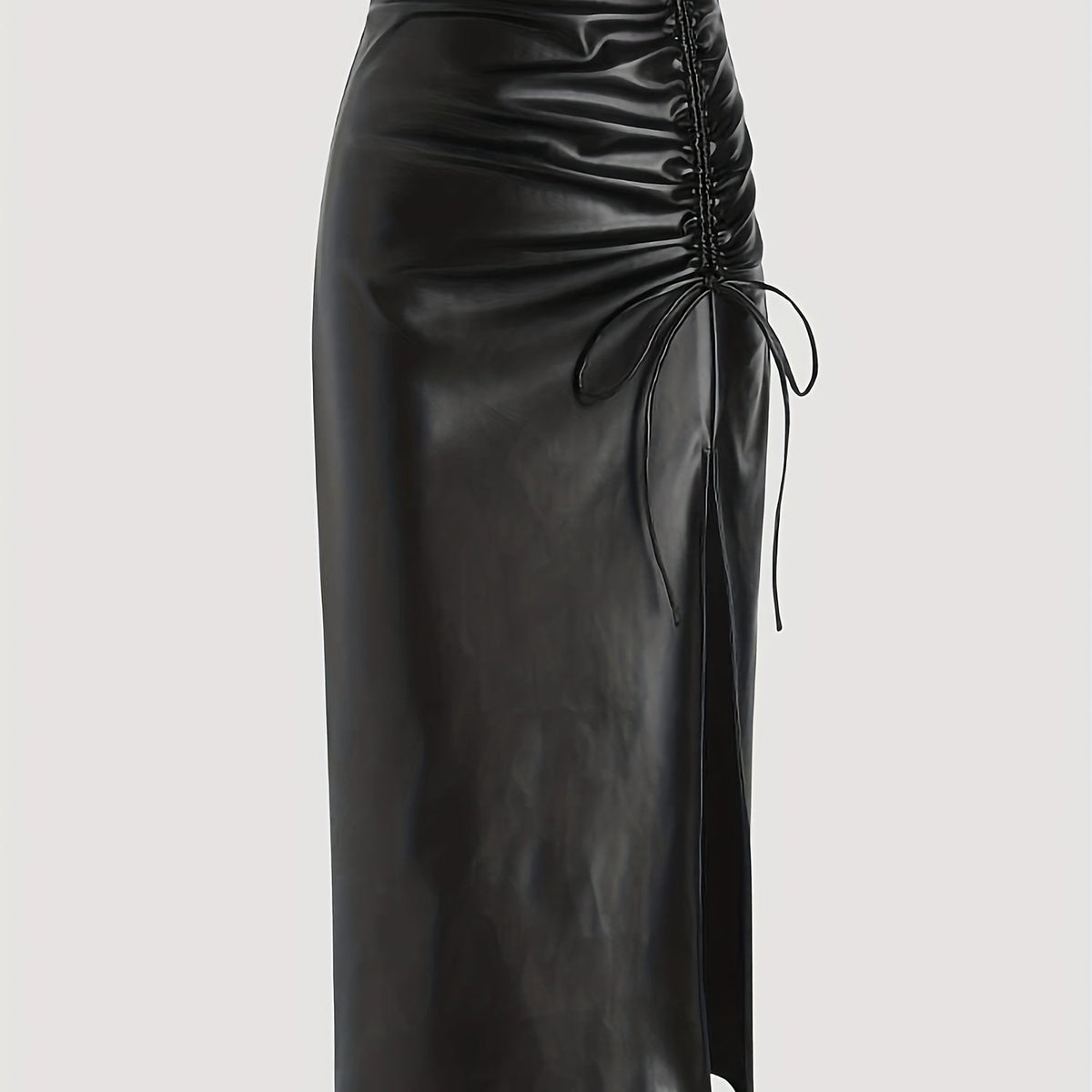 Faux Leather Drawstring Split Skirt, Casual High Waist Bodycon Solid Skirt, Women's Clothing