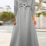 Ring Linked Solid Dress, Casual Long Sleeve Midi Dress, Women's Clothing